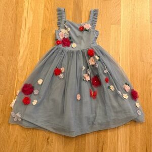 Girls Mini Boden Blue Dress with Floral Accents Holiday Christmas Size 5-6 Years